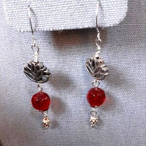 Earrings Pierced Dangling Silver Red Clear Beads‎ 2 Inches